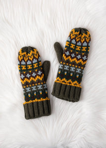 Olive & Multicolored Patterned Mittens