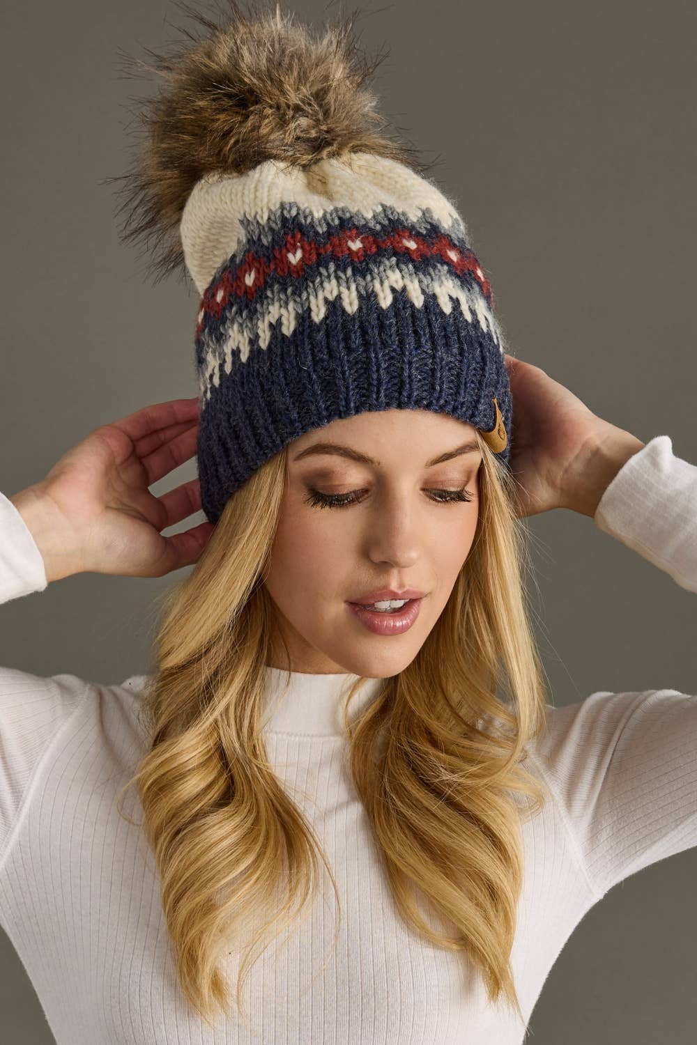 Cream, Blue, Red & Gray Patterned Pom Hat